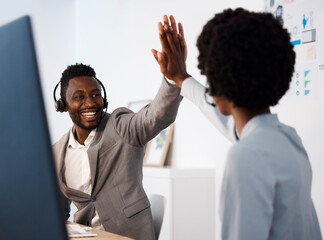 Poster - Customer service, call center and high five between colleagues celebrating a sale, reaching target or success at desk. Telemarketing agents or operators offering support, motivation and good service