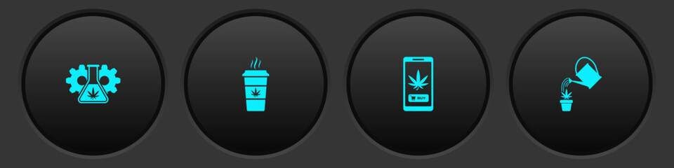 Set Test tube with marijuana, Cup coffee, Online buying and Watering can icon. Vector