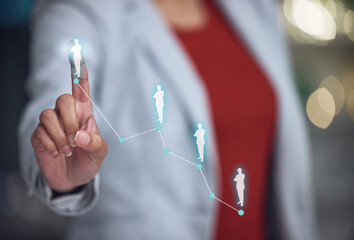 Aufkleber - Networking, investigation and touchscreen technology with the hand of a business woman pointing to you or demographics. A female user touching a screen with digital overlay and connecting the world