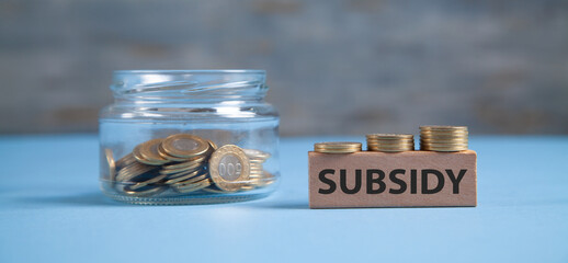 Glass jar of coins with a word Subsidy on wooden block.