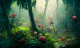 dreamy fantasy deep jungle lush vegetation, digital illustration
