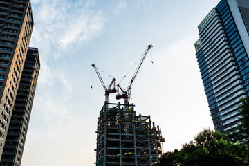 Wall Mural - View of the building construction site with cranes in Taichung, Taiwan.