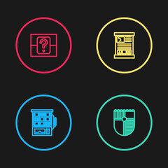 Poster - Set line Slot machine, Shield for game, Game guide and Mystery random box icon. Vector
