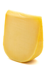 Yellow gouda cheese. Hard Dutch gouda cheese, isolated on white background. close up