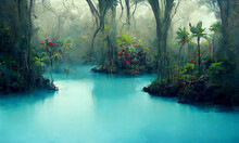 Fantasy  Hidden Blue Lagoon In The Tropical Forest, Digital Illustration