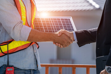 Poster - Businessman and architecture handshake after discussing about planning and drawing of new houses under construction project.