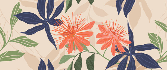 Wall Mural - abstract foliage background vector. tropical botanical wallpaper with leaf art, leaf, flower, leaves