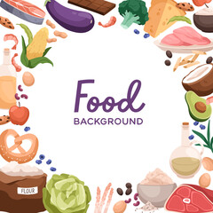 Wall Mural - Healthy food, nutrition card. Vitamin nutrients frame, square background template design with natural organic products, vegetables, fruits, nutritious meat, oil. Flat cartoon vector illustration