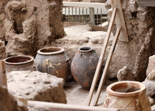  Recovered Ancient Pottery In Prehistoric Town Of Akrotiri, Excavation Site Of A Minoan Bronze Age Settlement On The Greek Island Of Santorini