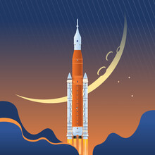 Artemis Rocket Vector Illustration, 322 Feet Model SLS Block 1 Crew. Space Launch System Lift Off Launch To The Moon. Artemis 1 Exploration Mission.