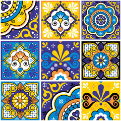 Wall Mural - Mexican talavera tiles vector seamless pattern with flowers leaves, hearts and swirls in yellow and blue - big set, repetitive design styled as Mexican ornamental tiles
