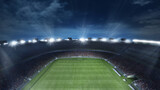 Fototapeta Sport - Empty football field with flashlights and dark night sky background. Stadium with filled stands with sports soccer fans.