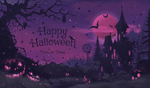 Happy Halloween Banner Or Party Invitation Background With Violet Fog Clouds And Pumpkins