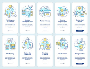 mobile first design onboarding mobile app screen set. walkthrough 5 steps editable graphic instructi