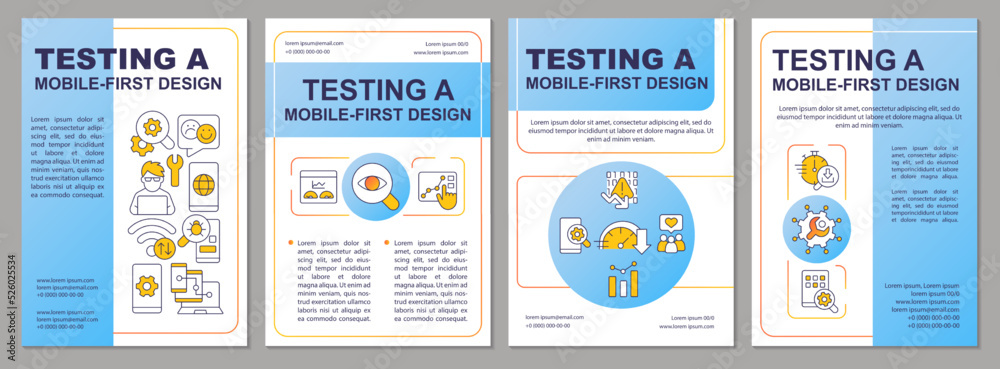 Testing mobile first design blue brochure template. Leaflet design with ...