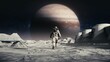 canvas print picture - Astronaut in a space suit walking on the moon's surface towards the Jupiter