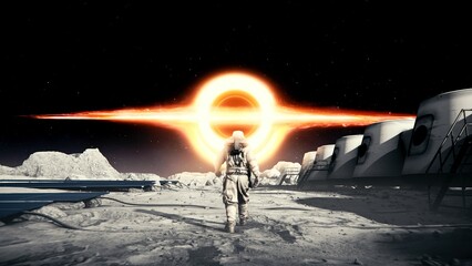 Wall Mural - astronaut in a space suit walking on the moon's surface towards the black hole