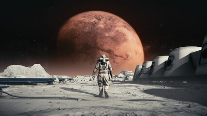 Wall Mural - astronaut in a space suit walking on the moon's surface towards the mars