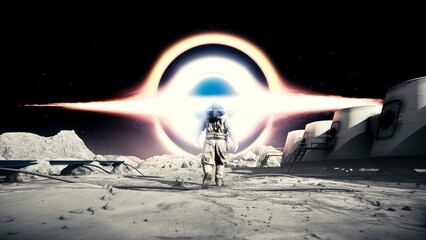 Wall Mural - astronaut in a space suit walking on the moon's surface towards the black hole
