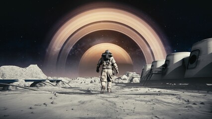 Wall Mural - astronaut in a space suit walking on the moon's surface towards the saturn