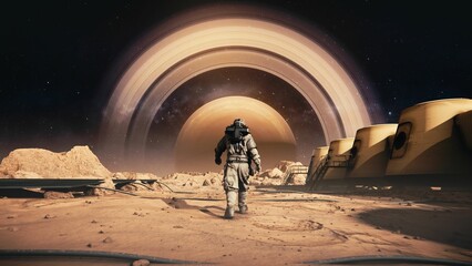 Wall Mural - astronaut in a space suit walking on the moon's surface towards the saturn