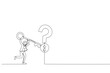 © rina - Cartoon of smart businesswoman holding big key to unlock keyhole on question mark sign. Metaphor for solution or reason to solve problem and wisdom. Continuous line art style