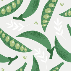 Hand drawn vector seamless pattern with cute textured opened and closed peas