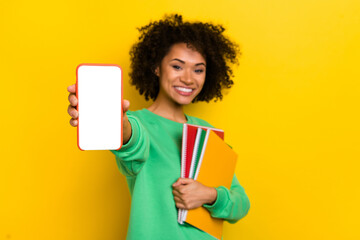 Sticker - Photo of cheerful charming girl hold show empty space telephone screen isolated on yellow color background