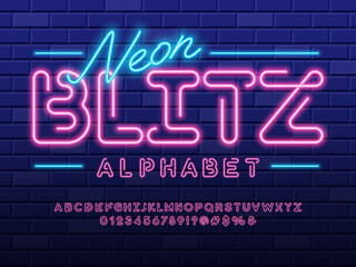 Canvas Print - Glowing neon light alphabet design with uppercase, numbers and symbols