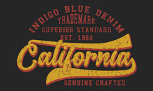 Indigo Blue Denim Vintage T-shirt Graphic Design, Grange Print Stamp, Football Typography Emblem, Creative Sports Logo Vector