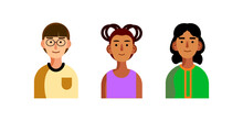 Vector Illustration Of Three People. A Guy With Bangs In Glasses And An Orange Jacket, A Girl In A Purple Dress With A Chaotic Hairstyle, A Woman In A Green T-shirt With Curly Hair. Drawn Style