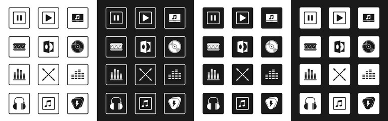 Set Laptop with music note, Vinyl player vinyl disk, Drum, Pause button, Play square, Music equalizer and icon. Vector