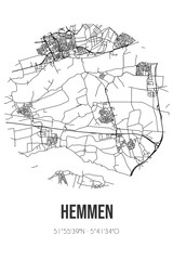 Abstract street map of Hemmen located in Gelderland municipality of Overbetuwe. City map with lines