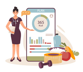 Wall Mural - Nutritionist. A mobile application with health monitoring. Weight loss program and diet plan. Diet therapy with healthy food and physical activity. Flat vector illustration