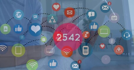 Poster - Animation of clouds and digital icons over man using smartphone