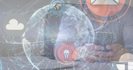 Poster - Animation of networks of connections and globe over woman wearing vr headset