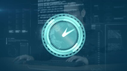 Poster - Animation of clock moving over world map over man using interface