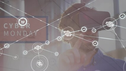 Poster - Animation of network of connections with icons over woman using smartphone