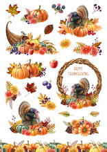 Thanksgiving Decoration Elements Set. Watercolor Illustration. Hand Drawn Autumn Floral Festive Decor With Pumpkin, Cornucopia, Fallen Leaves, Berries, Turkey. Thanksgiving Vintage Style Decor Bundle
