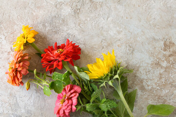 Wall Mural - sunflower and zinnia flower on light background, space for text