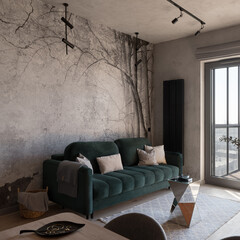 Wall Mural - Cozy and stylish green sofa in living room