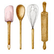 © DariaBer - Whisk, rolling pin, spoon with wooden handle painted in watercolor. Kitchenware and utensils on a white background. High quality illustration