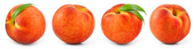 Peach Isolated. Peach Set With Leaves On White Background. Collection With Clipping Path. Full Depth Of Field.