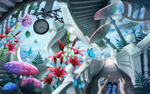 A Fantastic Landscape With Surreal Ladders , Clocks, Magic Mushrooms. Blue Butterflies Fly Over Beautiful Flowers. The Hands Hold The Potion And The Key. Go To Wonderland