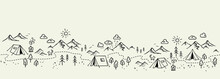Cute Hand Drawn Vector Camping Seamless Pattern, Great For Textiles, Banners, Wallpapers - Doodle Tents, Trees, Mountains