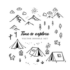 Wall Mural - cute hand drawn camping doodle elements, landscape, trees, tents and decoration