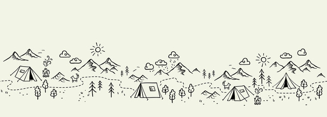 cute hand drawn vector camping seamless pattern, great for textiles, banners, wallpapers - doodle te