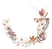 Watercolor Autumn Greenery Semicircle Frame. Beige, Burgundy, Brown Wild Eucalyptus Branches, Maple Leaves And Twigs.