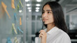 © Yuliia - Arabian business lady managing daily tasks stand near board in office write reminder information instruction on paper sticky notes read stickers create to-do list analyze work organize corporate goals