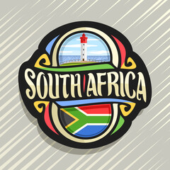 Wall Mural - Vector logo for South Africa country, fridge magnet with south african state flag, original brush typeface for words south africa and national symbol - lighthouse at Umhlanga Rocks on sea background